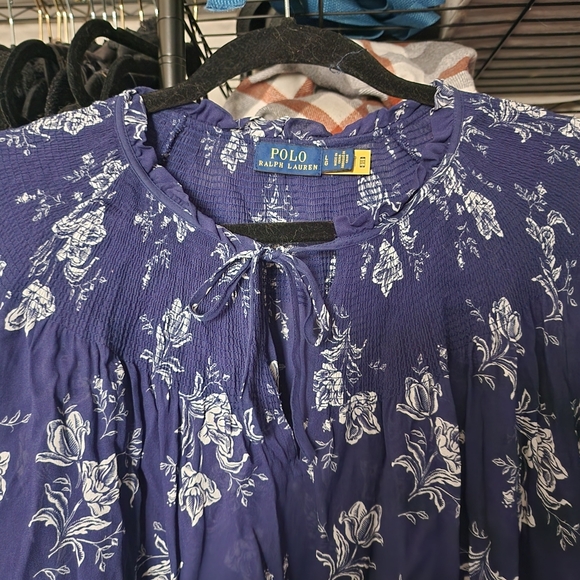 Polo Ralph Lauren Floral Crinkled Tie Neck Blouse, Blue Large - Picture 3 of 6